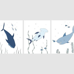 Shark Art Prints - Under the Sea Nursery Decor - Set Of 3 Prints - Boys Room