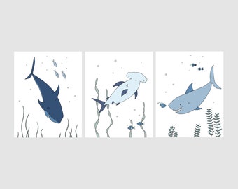 Shark Art Prints - Under the Sea Nursery Decor - Set Of 3 Prints - Boys Room