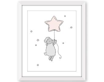 Lamb Nursery Art, Lamb Star Balloon Print, Pink and Gray Nursery Decor, Baby Girl Room