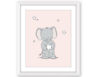 Elephant Nursery Art -- Pink and Grey Nursery Decor -- Baby Elephant Holds A Star -- Girl Nursery Art