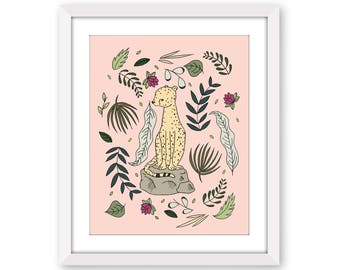 Cheetah Botanical Illustration - Jungle Cat Art Print - Botanical Nursery Art -  Girls Room Decor - Hear Her Roar