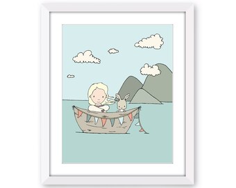 Girl Boat Adventure Art Print - Girl and Bunny Boat Adventure - Girl Nursery Wall Decor