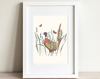 Birds and Butterflies Art Print, Ring Necked Pheasant and Pearl Crescent Butterfly, Botanical Bird, Michigan Bird, Pheasant Illustration