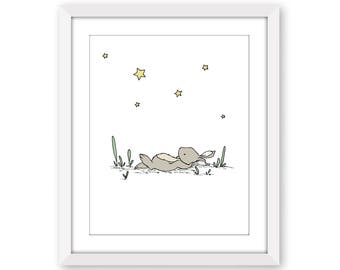 Bunny Star Gazer Nursery Art - Star Nursery Illustration - Neutral Nursery Art Print