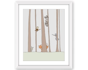 Woodland Nursery Art - Woodland Animals in the Trees - Kids Wall Art - Forest Peek A Boo