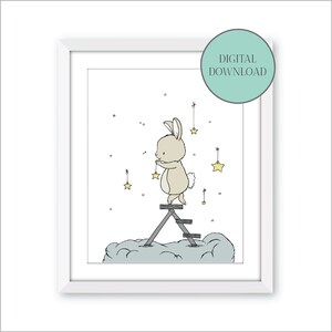 Digital Nursery Art - Printable Nursery Art - Digital Download - Bunny Star Ladder - Bunny Nursery Art - Kids Wall Art - Woodland Art
