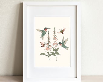 Birds and Butterflies Art Print, Ruby Throated Hummingbird and Hummingbird Moth, Botanical Bird Illustration, Hummingbird Illustration