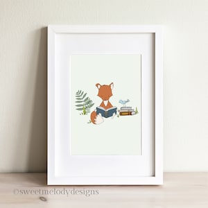 Woodland Nursery Art Print Get Lost in a Book Fox Reads A Book Art Boy Fox Illustration Woodland Animal Art image 3