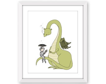 Boy and Dragon Nursery Art - Boys Room Wall Decor - Dragon Knight Print