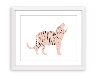 Tiger Roars Kunstdruck - Rosa Tiger Illustration - Tier Dschungel Kinder Wandkunst