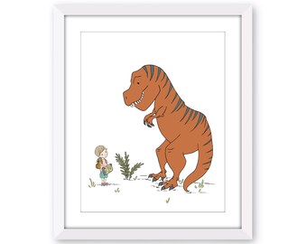 Girl and Dinosaur Art - Girl Meets T Rex - Girls Room Decor - Girl Paleontologist - Tyrannosaurus Rex