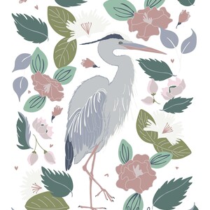 Bird and Flowers Art Great Blue Heron Art Print Bird Floral Illustration image 1