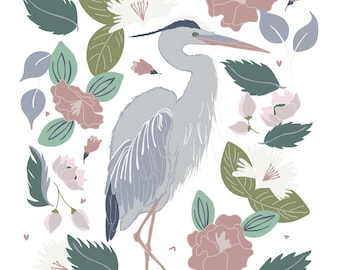 Bird and Flowers Art - Great Blue Heron Art Print - Bird Floral Illustration