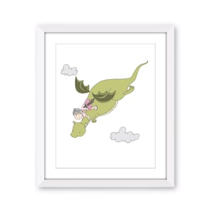 Girl and Dragon Art Print, Girl Flying on a Dragon Nursery Art, Girls Adventure Room Wall Decor