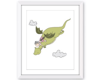 Girl and Dragon Art Print, Girl Flying on a Dragon Nursery Art, Girls Adventure Room Wall Decor