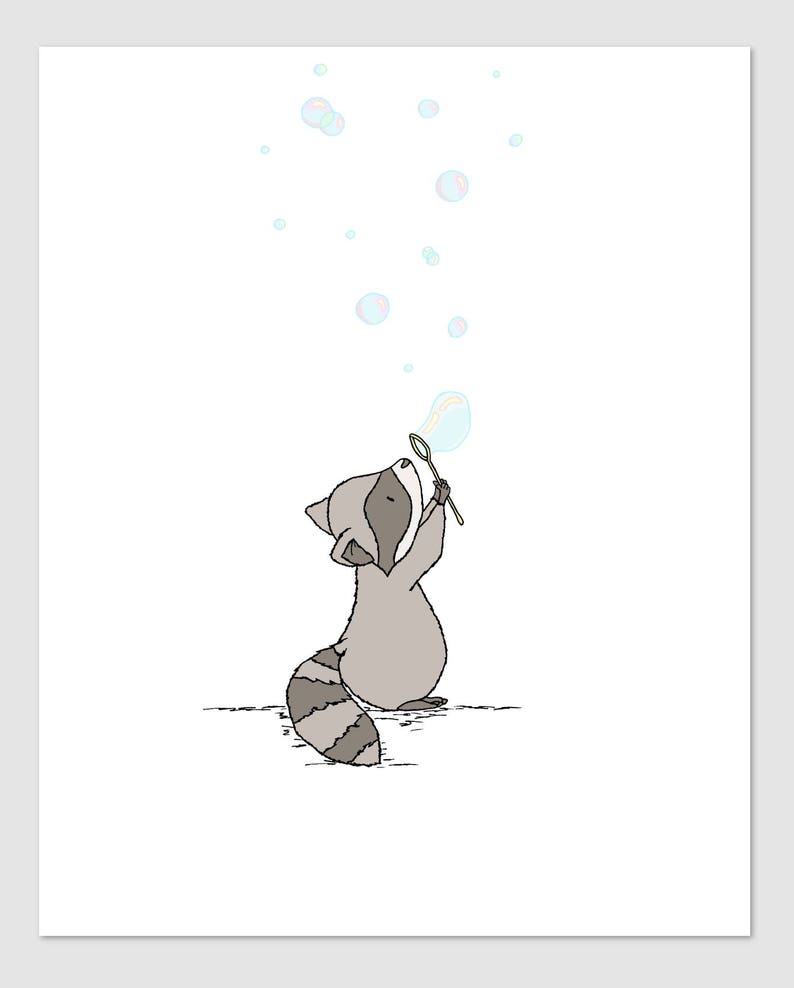 Bubbles Nursery Art Woodland Nursery Art Nursery Art Children Art Raccoon Bubbles Kids Wall Art Raccoon Nursery Art Print