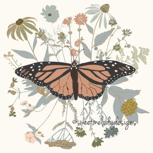 Butterfly Art - Monarch Butterfly and Wildflowers Art Print, Butterfly and Flowers Illustration