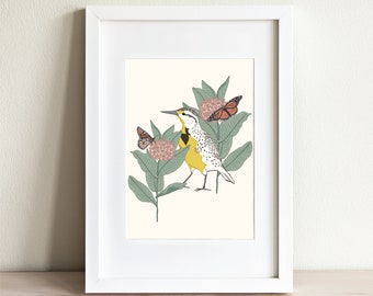 Birds and Butterflies Art Print, Meadowlark and Monarch Butterfly, Botanical Bird Illustration, Michigan Bird, Meadowlark Illustration