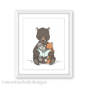 Bear Nursery Art Print - Story Time With Bear - Woodland Nursery Decor - Reading Corner Art
