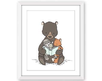 Bear Nursery Art Print - Story Time With Bear - Woodland Nursery Decor - Reading Corner Art