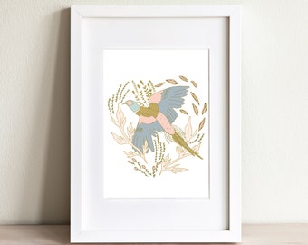 Pheasant Botanical Art Print - Birds and Flowers Illustration - Pheasant Flushed - Botanical Bird Illustration - Pheasant Illustration