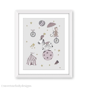 Circus Theme Nursery Art, Circus Animals Zebra and Monkey, Circus Kids Wall Decor, Gray and Mauve