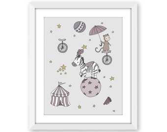 Circus Theme Nursery Art, Circus Animals Zebra and Monkey, Circus Kids Wall Decor, Gray and Mauve