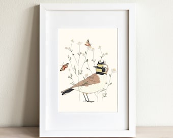 Birds and Butterflies Art Print, Horned Lark and Harnessed Tiger Moth, Botanical Bird Illustration, Michigan Bird Decor, Lark Illustration