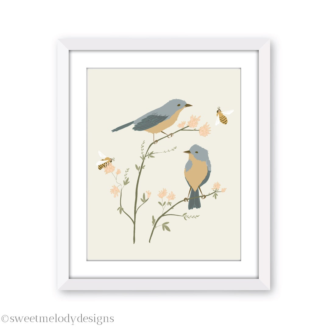 Birds and Bees Art Print Blue Birds Honey Bees and Clover - Etsy