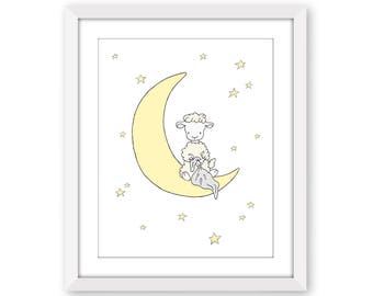 Lamb Nursery Art Print - Lamb Moon and Stars Nursery Decor