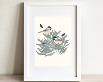 Birds and Butterflies Art Print, Black Capped Chickadee and Six Spotted Forester Moth, Botanical Bird, Michigan Bird, Chickadee Illustration