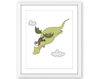 Dragon Nursery Art - Boy and Dragon Print - Boy Knight Wall Decor