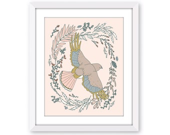 Hawk Botanical Art Print - Ilustración de pájaros y flores - Halcón de cola roja - Ilustración de aves botánicas - Ilustración de halcón