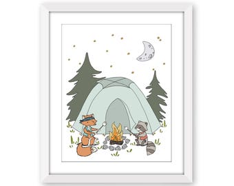 Waldlandschaft Kinderzimmer Kunst - Junge Camping Adventure Art - Camping Kumpels - Fuchs und Waschbär im Wald