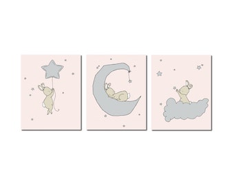 Bunny Nursery Art Stampe - Bunny Moon e Stars Dream Art - Girl Nursery Decor - Set di 3 stampe - Kids Wall Art