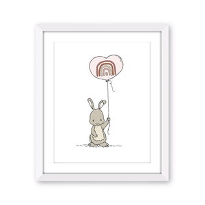 Rainbow Baby Nursery Art Print - Bunny Heart Balloon Nursery Art