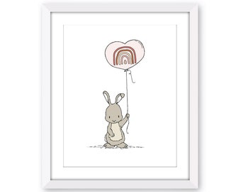 Rainbow Baby Nursery Art Print - Bunny Heart Balloon Nursery Art