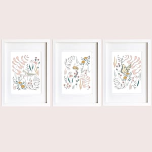 Floral Bug Prints - Pollinators and Flowers - Bee, Butterfly, Praying Mantis - Set of 3 Prints - Girls Room Decor - Insect Kids Wall Prints