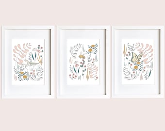 Floral Bug Prints - Pollinators and Flowers - Bee, Butterfly, Praying Mantis - Set of 3 Prints - Girls Room Decor - Insect Kids Wall Prints