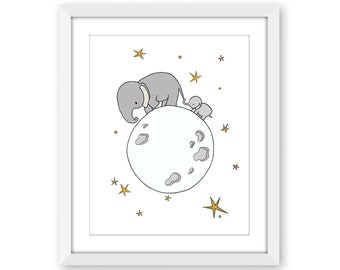 Safari Animal Prints - Elephant Art Print - Elephant Illustration - Elephant Moon Walk Mama and Baby - Safari Nursery Decor