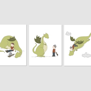 Boy and Dragon Adventure Art -- Set of 3 Prints -- Kids Wall Art