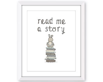 Hase Wort Kinderzimmer Kunst - Hase liest ein Buch Kunstdruck - Read Me A Story