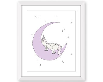 Unicorn Moon Dream Nursery Art Print , Purple Girls Room Decor