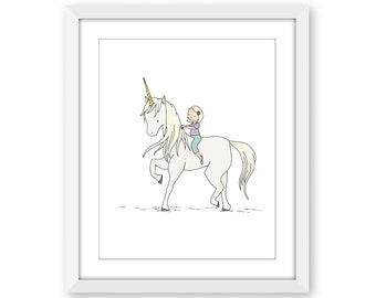 Girl and Unicorn Art Print, Adventure Fairy Tale Nursery Print, Girls Room Wall Decor