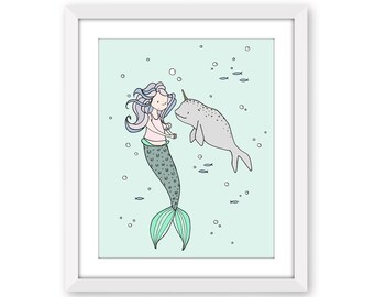 Mermaid Nursery Art - Mermaid and Narwhal Buddies - Mermaid Girls Room Decor - Baby Girl Ocean Print