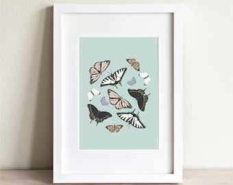 Butterfly Illustration, Butterflies Fluttering Art, Girls Room Decor, Nature Inspired Home Decor, Minimal Bug Print