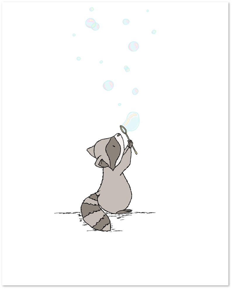 Bubbles Nursery Art Woodland Nursery Art Nursery Art Children Art Raccoon Bubbles Kids Wall Art Raccoon Nursery Art Print