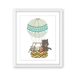 Woodland Balloon Nursery Art Print - Forest Animals Up Up and Away Kids Wall Decor