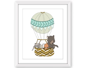 Woodland Balloon Nursery Art Print - Forest Animals Up Up and Away Kids Wall Decor