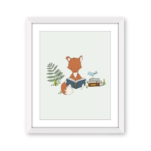 Woodland Nursery Art Print Get Lost in a Book Fox Reads A Book Art Boy Fox Illustration Woodland Animal Art image 1